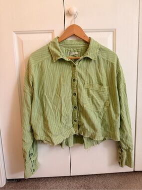 Free People Washed Sage Green Cropped Button-Front Shirt